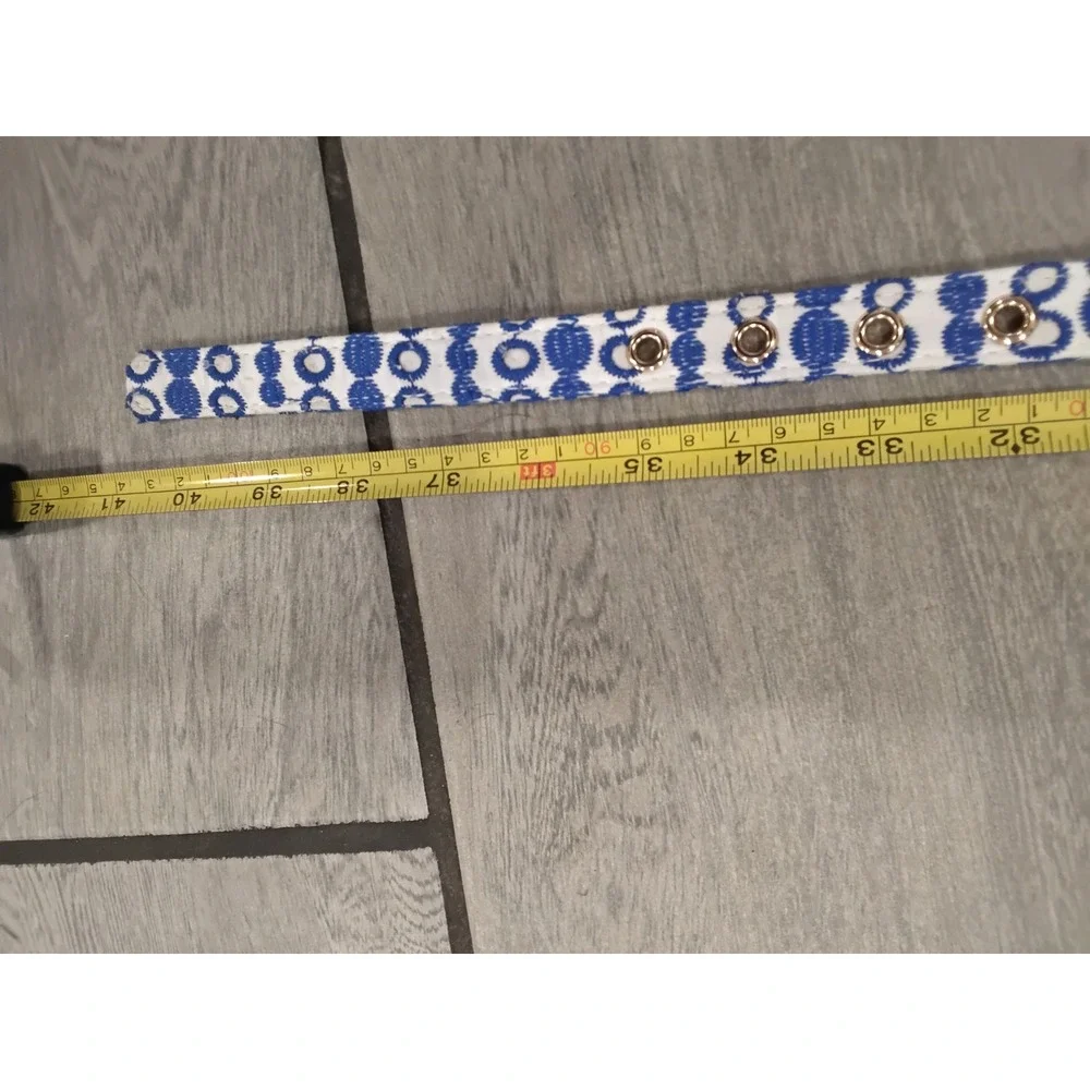 Blue White Geometric Embroidered Fabric Belt Silver Buckle Grommet 40 Inch